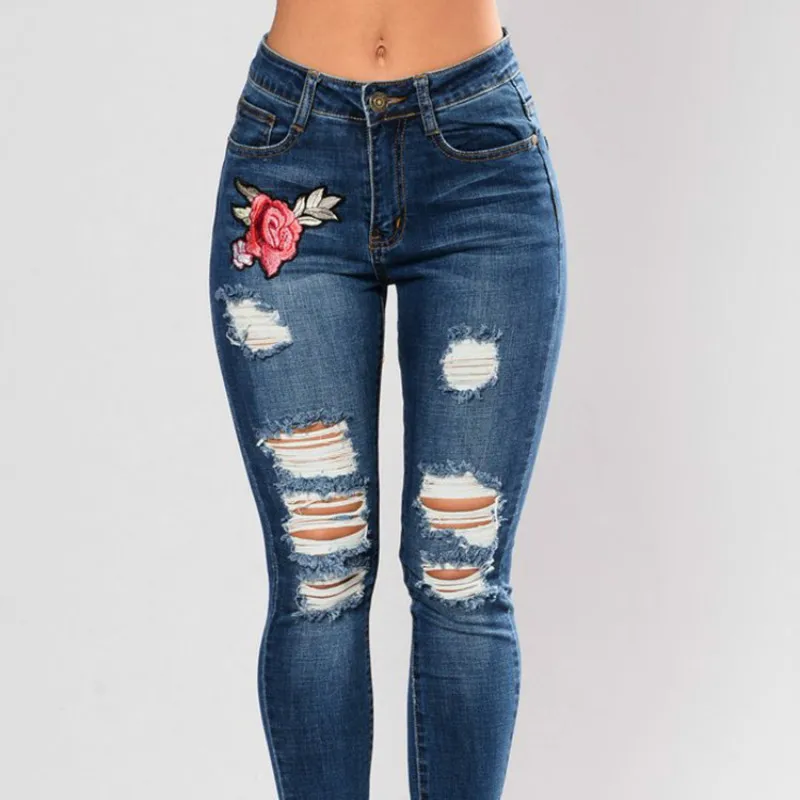 2018 Stretch High Waist Skinny Embroidery Jeans Without