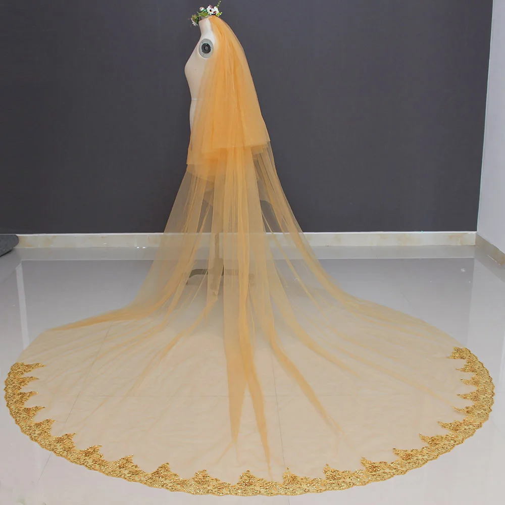 Реальные фотографии 2 яруса Длинная Золотая свадебная вуаль с гребнем 2 т 3 м Красивая вуаль для невесты
