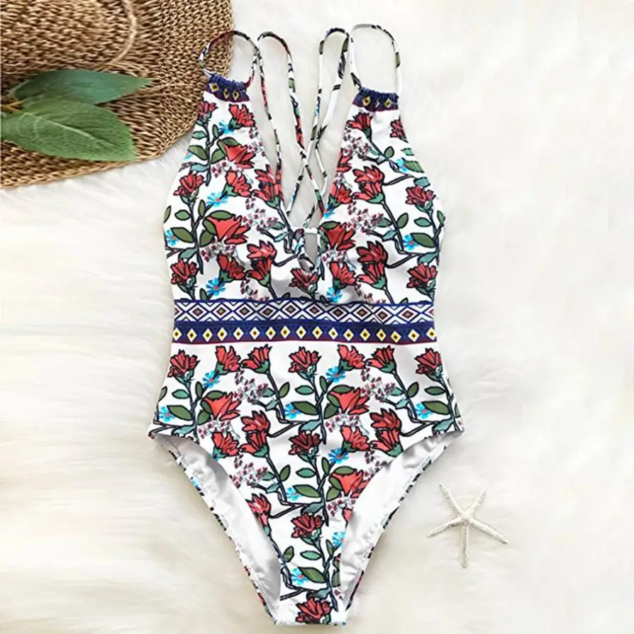 Women's One Piece Plunging Neckline Swimsuit Female Flower print Beach ...