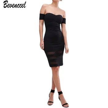 

2020 Black Women New Arrival Black Bandage Dresses Short Sleeve Slash Neck Mesh Patchwork Elegant Celebrity Party Dress Vestidos