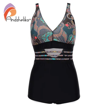 

Andzhelika 3XL-7XL Women One Piece Swimsuit Vintage Print Plus Size Swimsuit Waist Sexy Mesh Beach Halter Swimwear Swimming Suit
