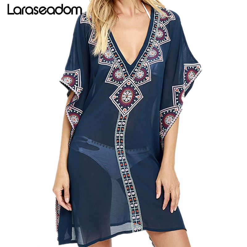 

Beach cover up Beach Dress Robe de Plage 2019 Bikini Cover up Embroidered Summer Beachwear Kaftan Beach Woman Tunic Pareo #N278