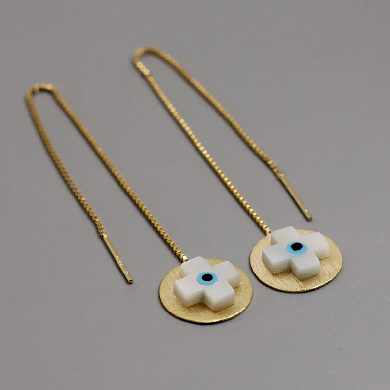 

CMAJOR Original 925 Sterling Silver Brushed Gold Tone Disc Shell Cross Threader Earrings Women Handmade Fine Jewelry Wholesale