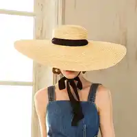 Wide Brim Hat Summer Beach Wheat Straw Women Boater hat with Ribbon Tie For Vacation Holiday Audrey Hepburn 671073