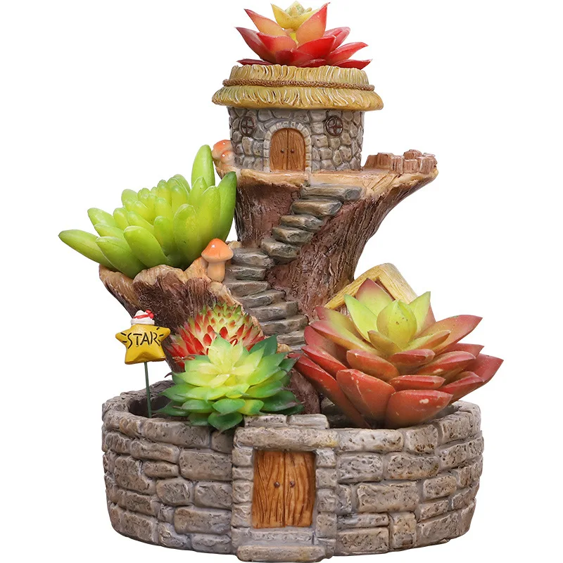 Creative Countryside Tree House Succulent Plants Planter Flowerpot Resin Flower Pot Desktop Ornament Home Decor Garden Supplies