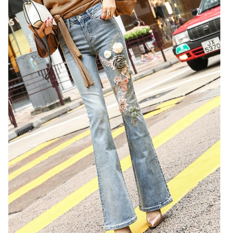 

Women Handmade Embroidery Light Blue Flare Jeans Female High Waist Slim Elastic Denim Pants Full Length Trousers Washed Flowers