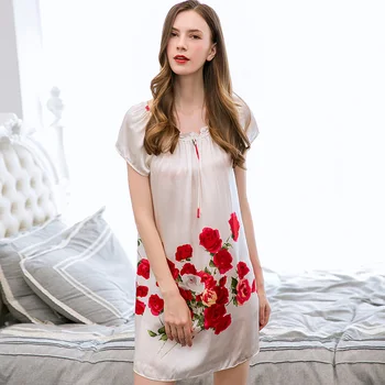 

100% Real Silk Nightdress Women Short Sleeve Silk Nightgown Summer Sexy Print Nature Silk Sleepwear for Ladies Nightwear