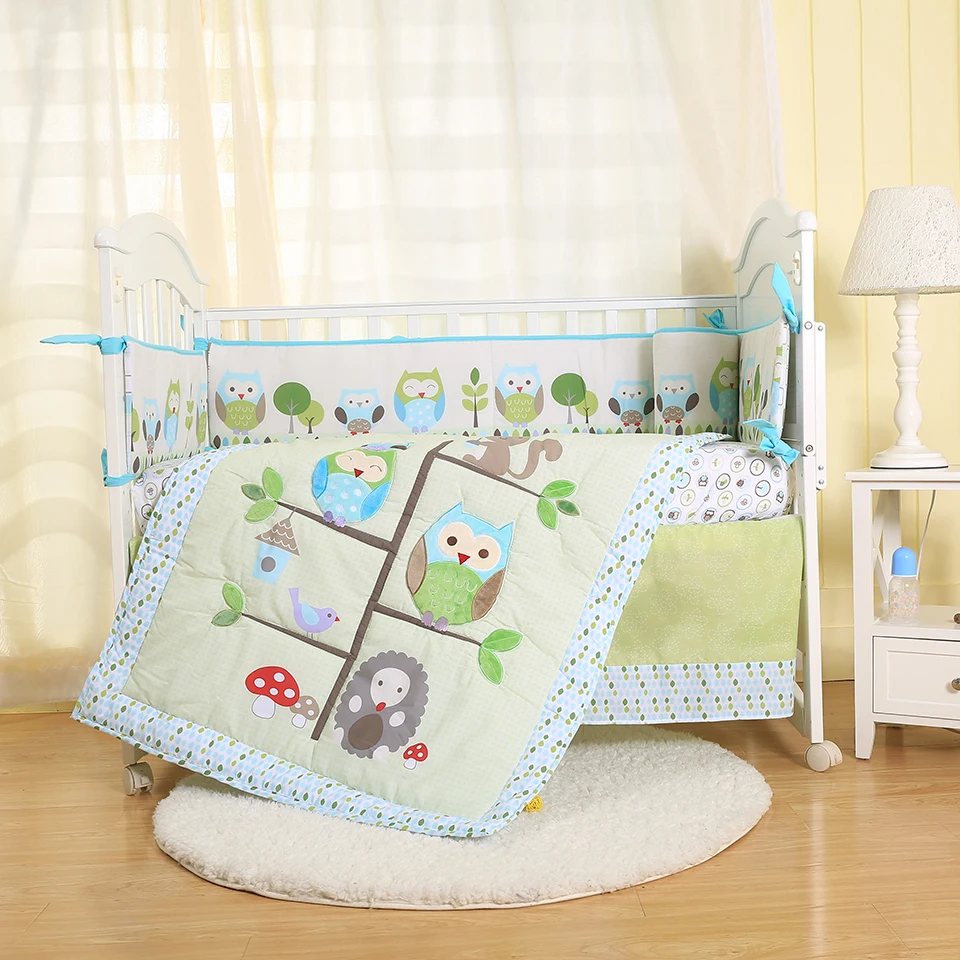 4pcs newborn baby embroidery crib cot bumper bedding set fabric cotton cartoon printed owl on the tree FOR BOY AND GIRL BLUE 4pcs newborn baby embroidery crib cot bumper bedding set fabric cotton cartoon printed owl on the tree FOR BOY AND GIRL BLUE