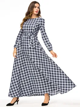 

Elegant Plaid Abaya Maxi Dress Long Sleeve Muslim Long Robe Gowns Tunic Vestidos Kimono Middle East Ramadan Islamic Clothing
