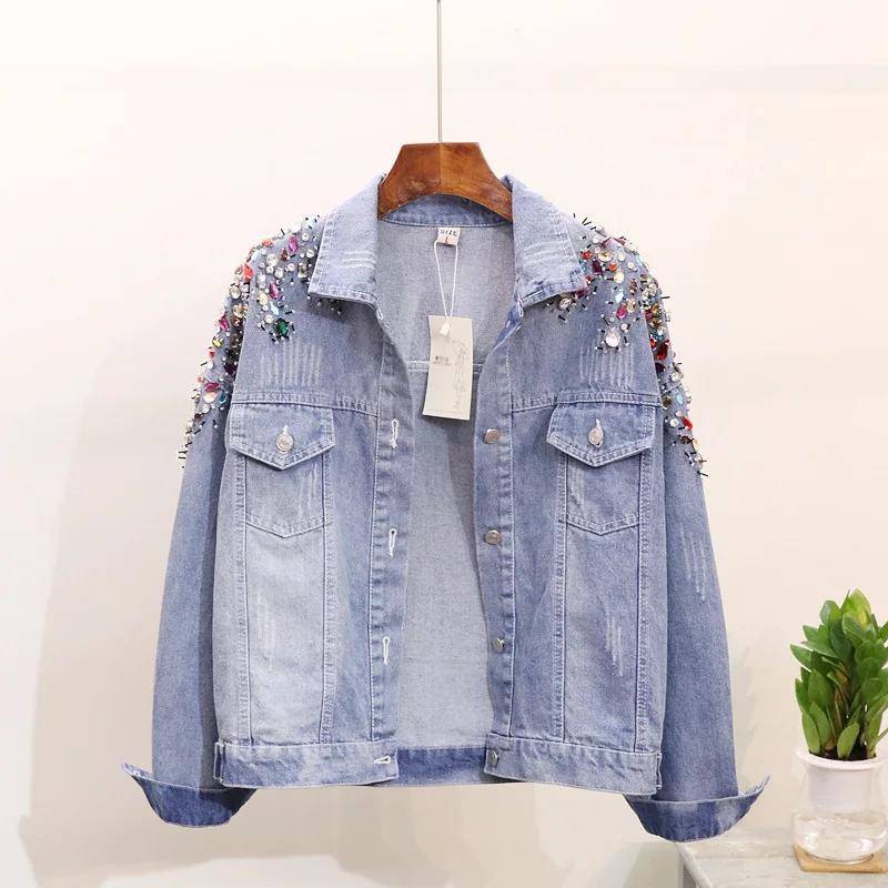 

Spring Women Denim Jacket Coat Handwork Rhinestone Beading Jeans Jacket Women Abrigo Mujer Tops Chaquetas Mujer Women Denim Coat