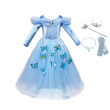 VOGUEON/платье Золушки для девочек многослойный карнавальный костюм принцессы с бусинами и бабочкой; детская одежда для девочек на день рождения и Хэллоуин