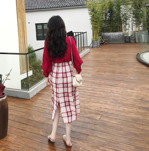 Hauts Manches Ensembles Ensemble Décontracté 2 Femmes Rétro Plaid Mi En Photo Poitrine Lanterne Color Unique Style Pièces Vêtements Col mollet V Jupes qw8Hw4PE