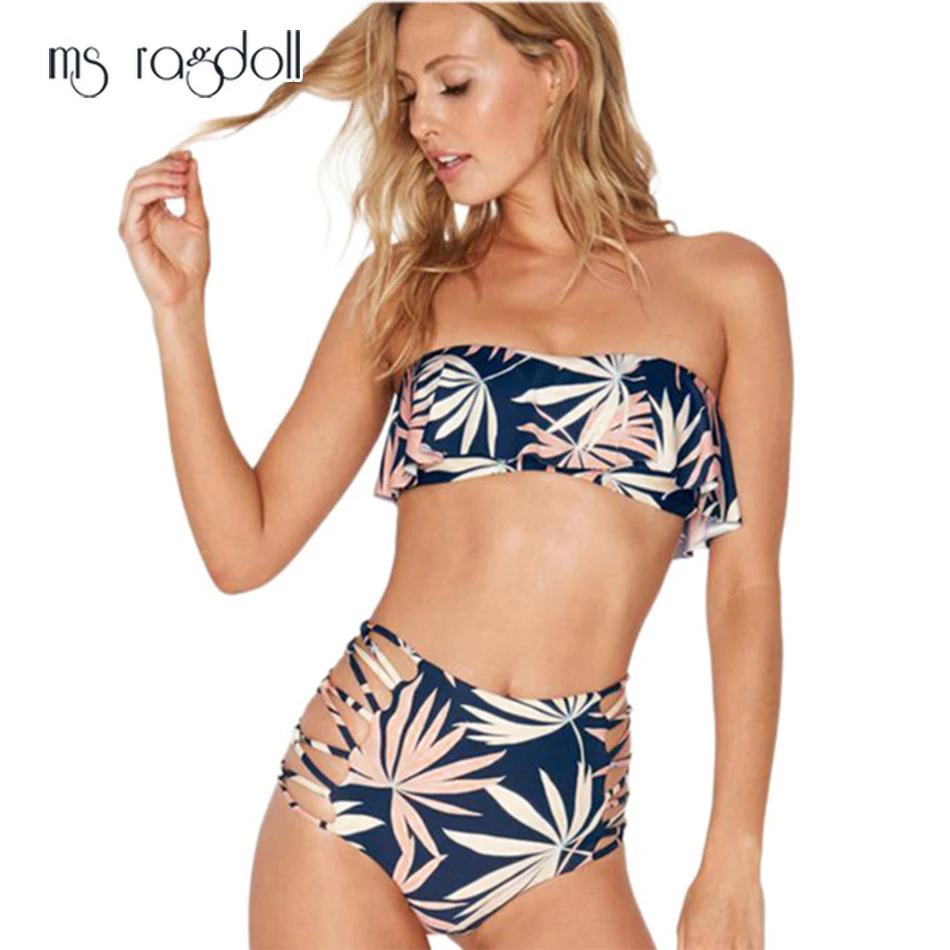 Sexy Bikini Set Swimwear Women 2019 New Style Lotus Leaf Side Swimsuit Printing High Waist