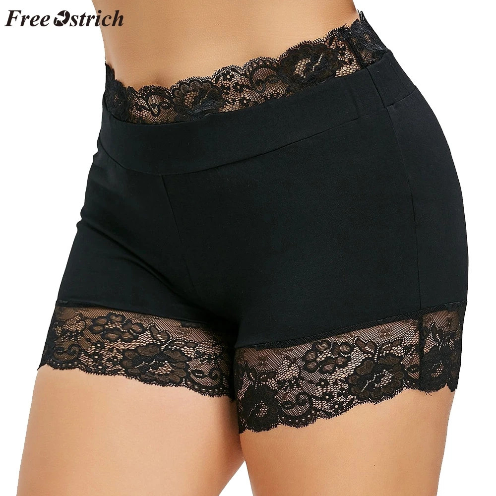 

FREE OSTRICH Ladies fashion large size solid color simple sexy mid-waist lace elastic sports shorts bottom comfortable shorts