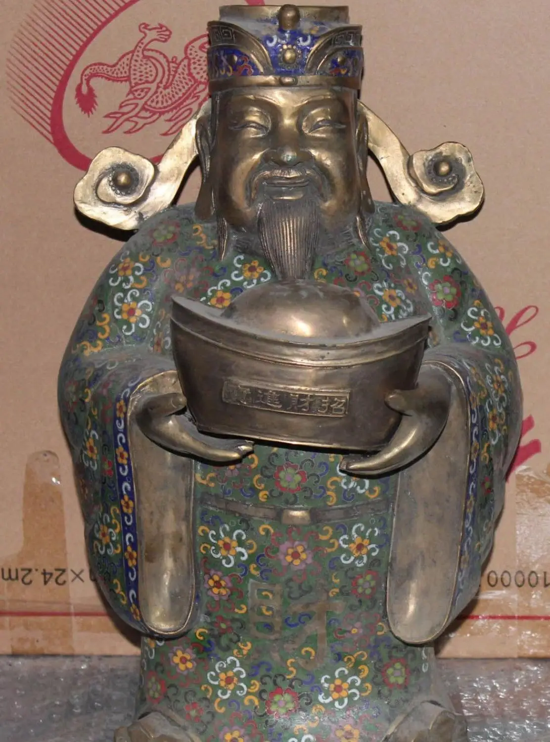 

16"Marked Chinese Cloisonne Enamel Gold Gilt Wealth Yuanbao Stand Mammon Statue