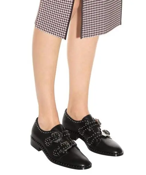 

Newest Fall Winter Black Studded Monk Strap Shoes Silver Buckle Flat Stacked Heel Ankle Boots Black Leather Punk Shoes Size 11