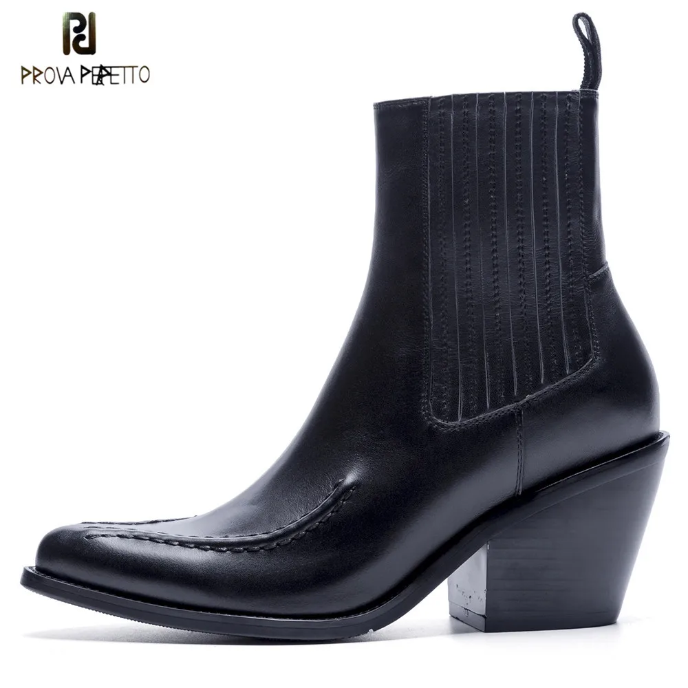 

Prova Perfetto Women Genuine Leather Boots Brogue Carved Ankle Boots Fashion Pointed Toe High Heels Chelsea Boots Ladies Booties