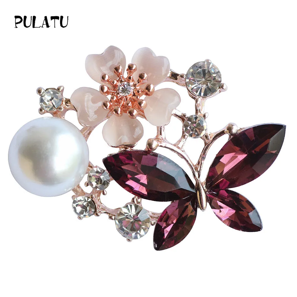 PULATU Elegant Flower and Butterfly Brooches for Women Alloy Rhinestone Pearl Brooch Pins Clothing Scarf High Quality Gift | Украшения и