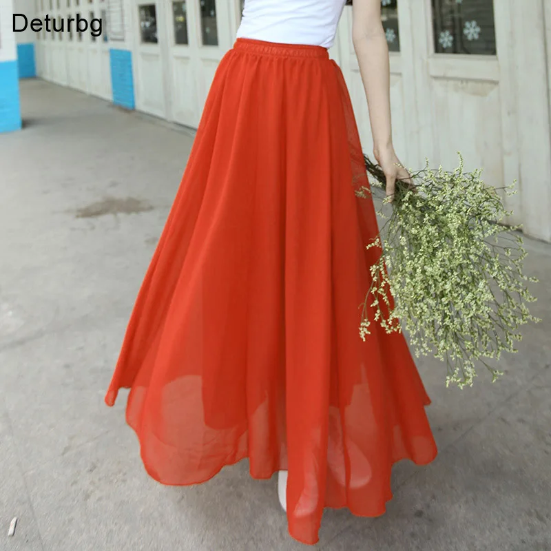 

Women Elegant Long Skirt Pastel Jupe Pleated Chiffon Vintage Saias Solid Faldas Maxi Beach School Skirts High Quality 17 Colors