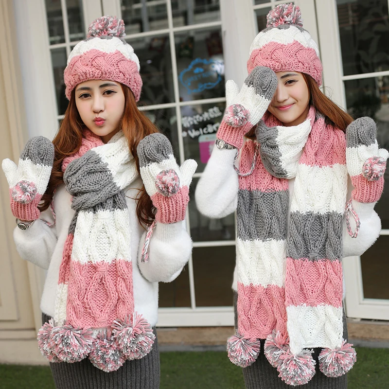 

Christmas birthday gift girls winter multi-colored knitted hat scarf gloves three pieces set one piece