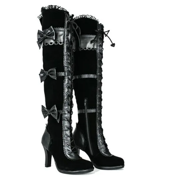 

Round Toe Square Heel Cowboy Long Boots for Women Mid-Calf Super High Autumn Winter Goth Boots Sweet Solid Shoes