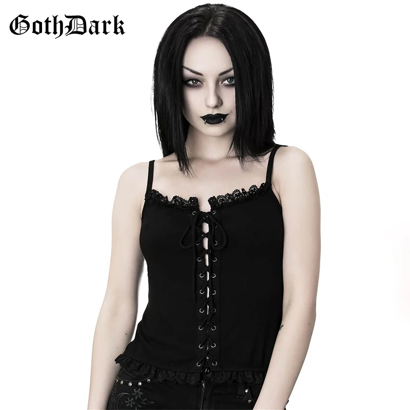 

Goth Dark Black Backless Gothic Grunge Crop Tops Lace Strap Patckwork Sexy Top Harajuku Bow Rivet Camisole Vintage Mesh Hole