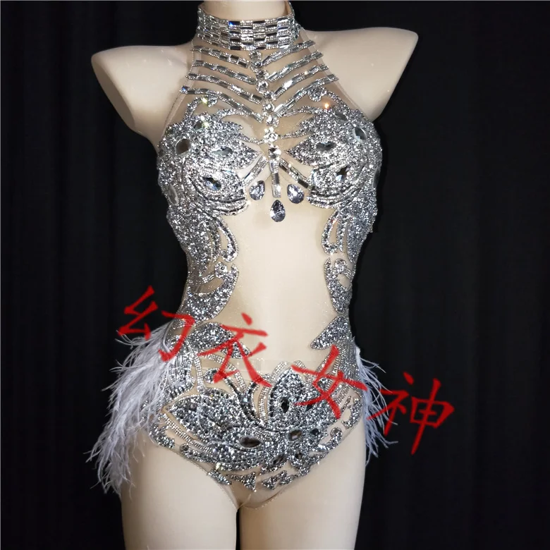 

DS singer model dancing suit diamond Pole Dance Dress overall performance suit pub backless feather costume