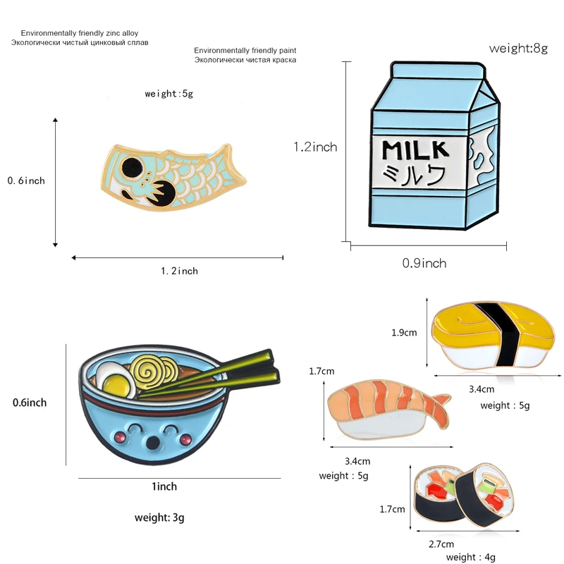 Коллекция японской еды, броши, суши, молоко, рамен, рыба, кои, флаг, сумка, одежда, декоративные украшения, брошь на лацкане, эмалированный значок на булавке