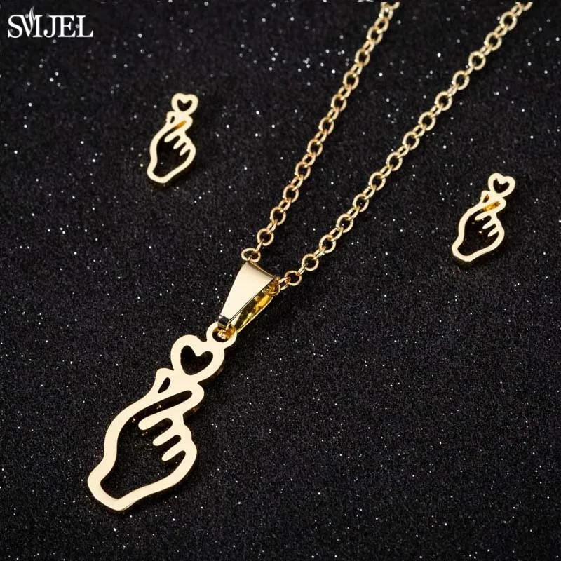 

Smjel Stainless Steel Hand Pendant Necklace for Women Chain Choker Show You Love Hand Gesture Earrings Jewelry accessories