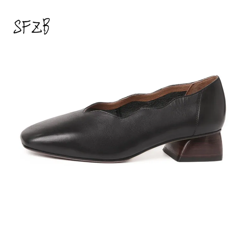 

SFZB BIG size 34-40 Pumps Genuine leather shoes woman square heels square Toe Dress Black Spring/Autumn Free shipping