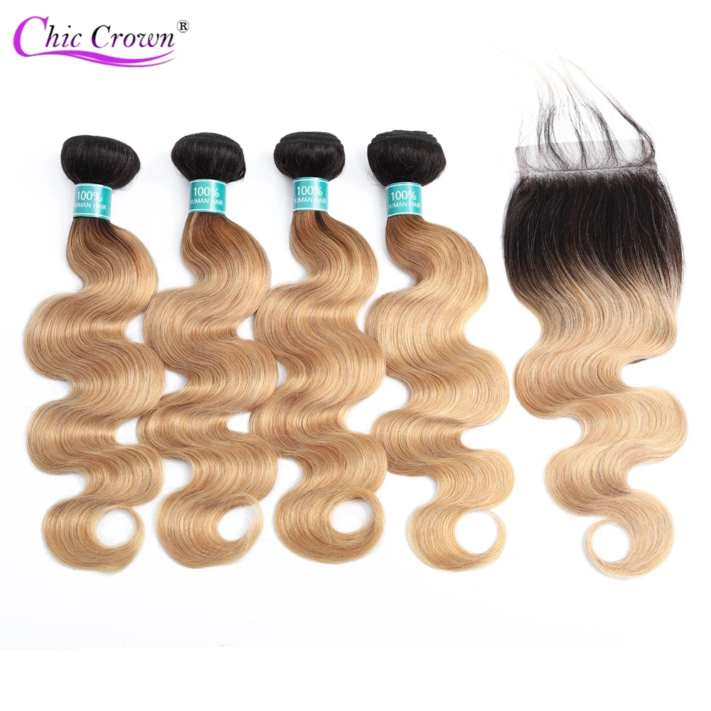 

Ombre Indian Hair Weave Body Wave Hair Bundles with Closure 1b 27 Blonde Ombre Human Hair 4 Bundles with Closure