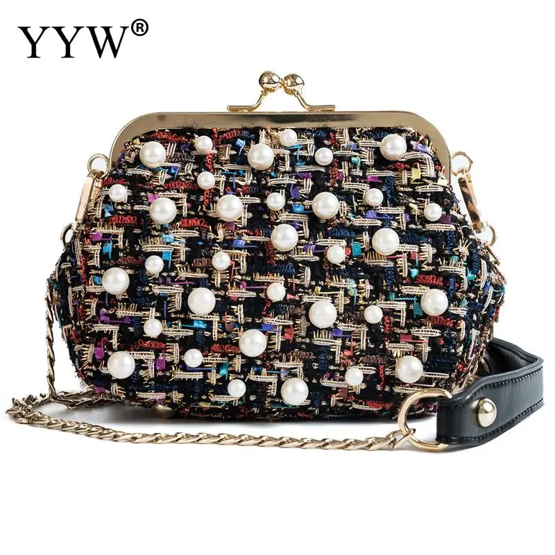 

fashion girl Plaid Fabric Box Bags for women 2018 pearl Crossbody Bag evening clutch purse and handbag female party clutches
