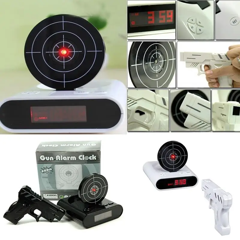 Hot Sale Novelty Gadget Funny LCD Gun Alarm Clock Target Panel Shooting