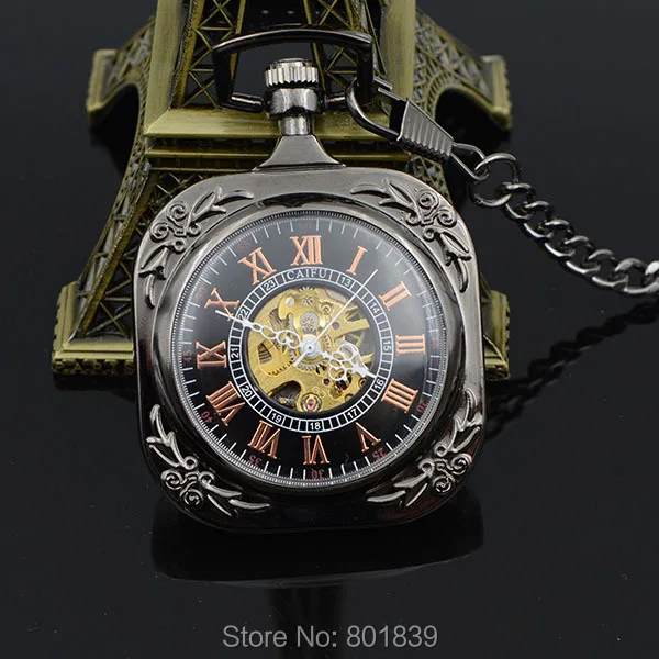 Black Romen Number Without Open Case Hand Wind Mechanical Mens Pocket 