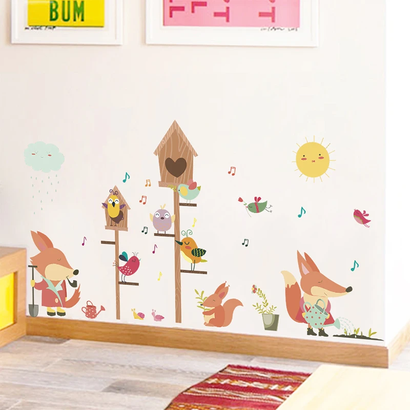 

Jungle Wild Forest Animals Squirrel Birds Wall Stickers For Kids Rooms Cartoon Children Bedroom PVC Decor Wall Decals Mural Art