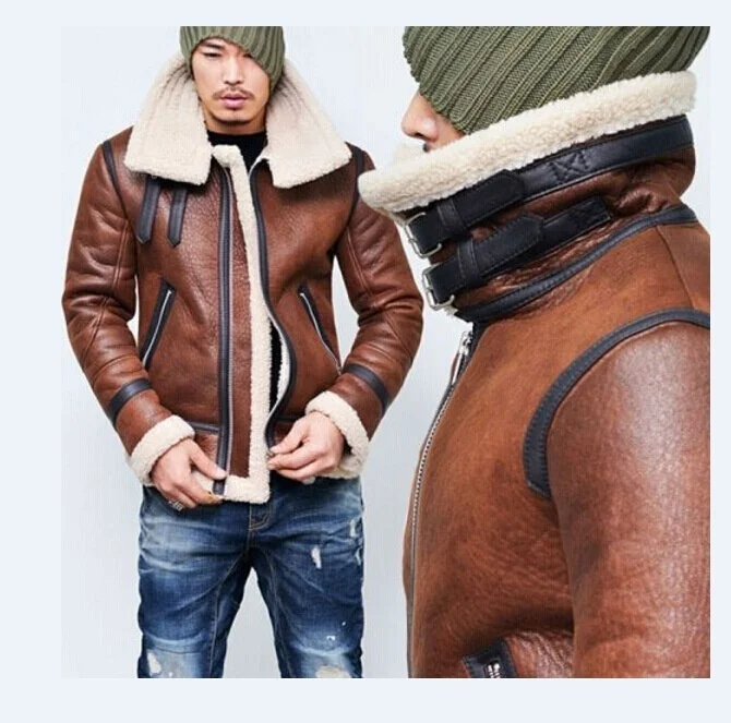 Новая мода, мужские зимние топы, длинный рукав, меховой пояс, искусственная кожа, куртка с высоким воротом, овчина, пальто, шерстяная подкладка, куртка-бомбер для мужчин, DB028