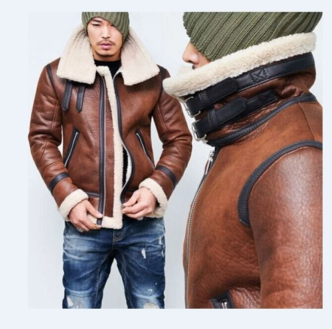 

NEW Fashion Men Winter Tops Long Sleeve Fur Belt Faux Leather Jacket Highneck Shearling Coat Wool Lining Bomber Jacket Men DB028