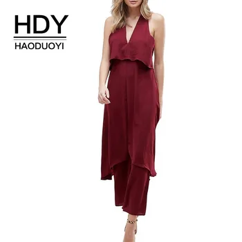 

HDY Haoduoyi Office Lady Simple V-neck Halter Sexy Wine Red One-piece Trousers Double Swing Sleeveless Solid Color Jumpsuits