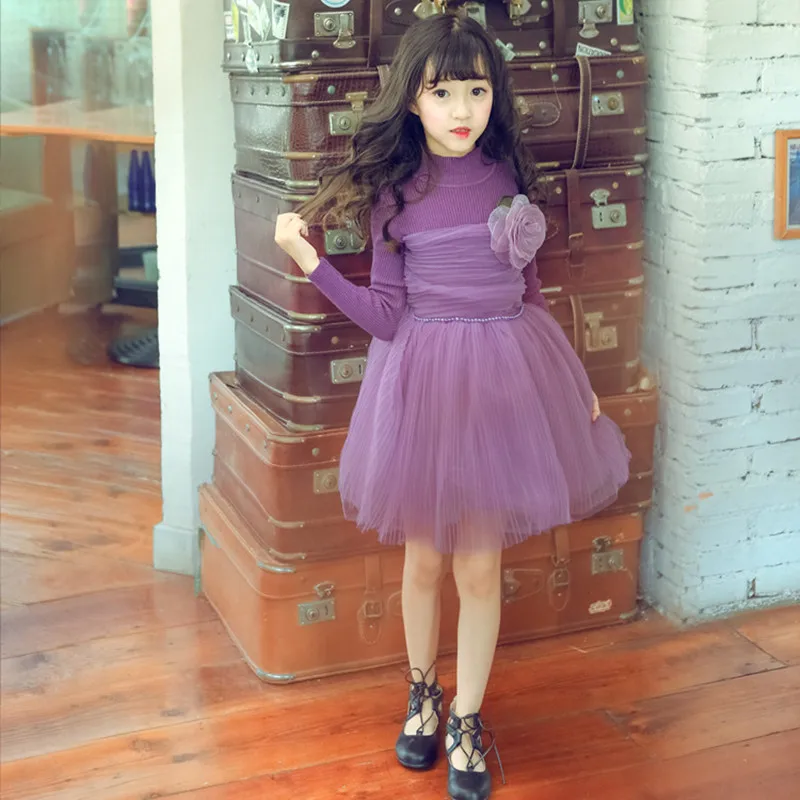 

DFXD Korean Style Teen Girls Dress Fashion Autumn Soild Color Long Sleeve Knitted Mesh Pleated Princess Dress 3-14Years