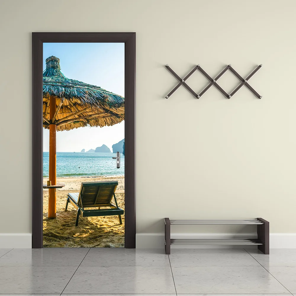 3D наклейки на дверь Вишневое дерево Озеро Лодка пляжные зонты город осенние листья пустыня Лось снег горный скала украшение дома паста - Цвет: 070