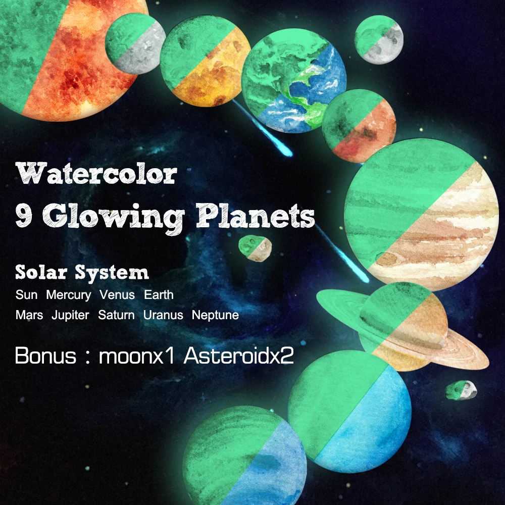 Us 260 10 Offfunlife 12 Pcs Watercolor Sun Jupiter Saturn Neptune Uranus Earth Venus Mars Mercury Moon Asteroids Glowing Planets Wall Decals In