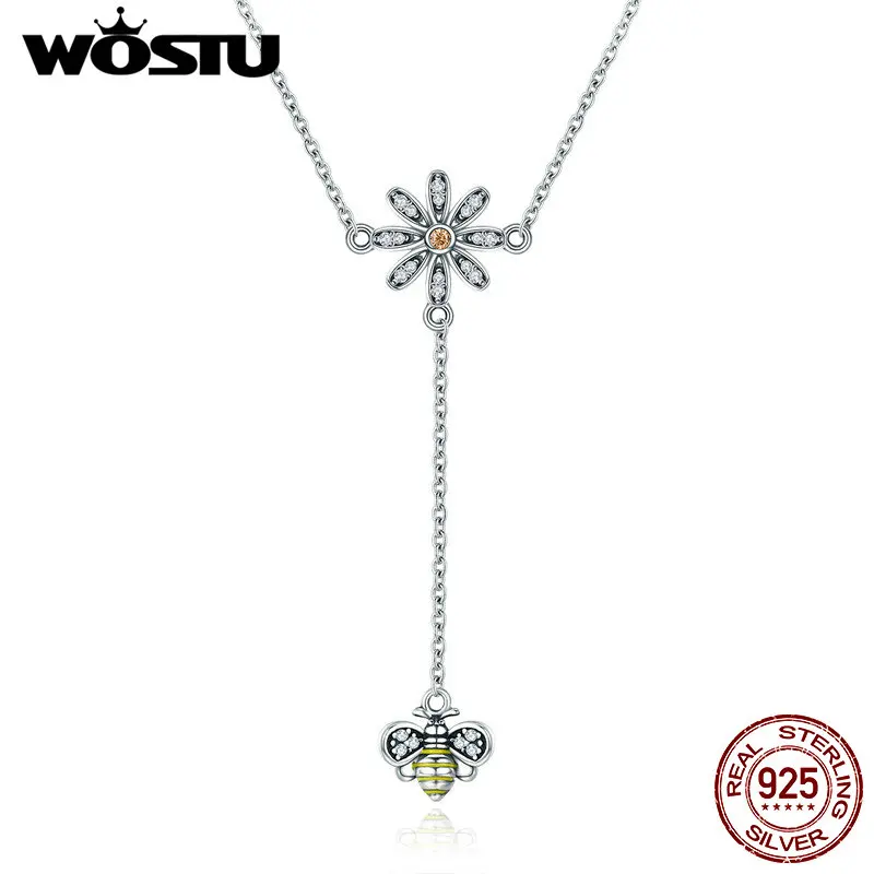 WOSTU New Arrival 100% 925 Sterling Silver Bee Love Daisy Flower Pendant Necklace For Women S925 Jewelry Gift DXN202 | Украшения и
