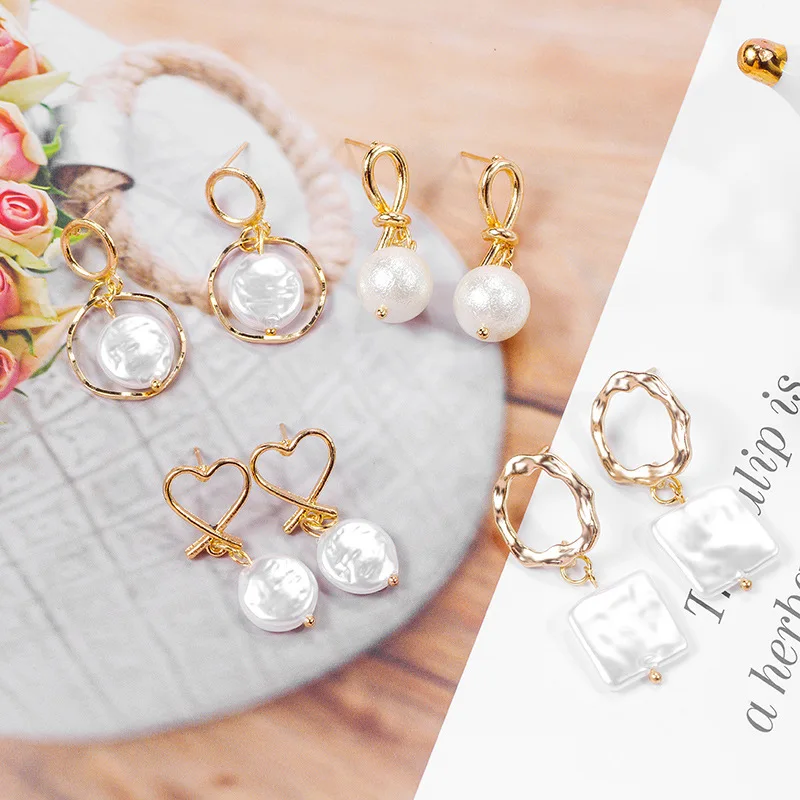 

2019 Korea Design Metal gold geometric irregular circle square natural freshwater pearl earrings for women