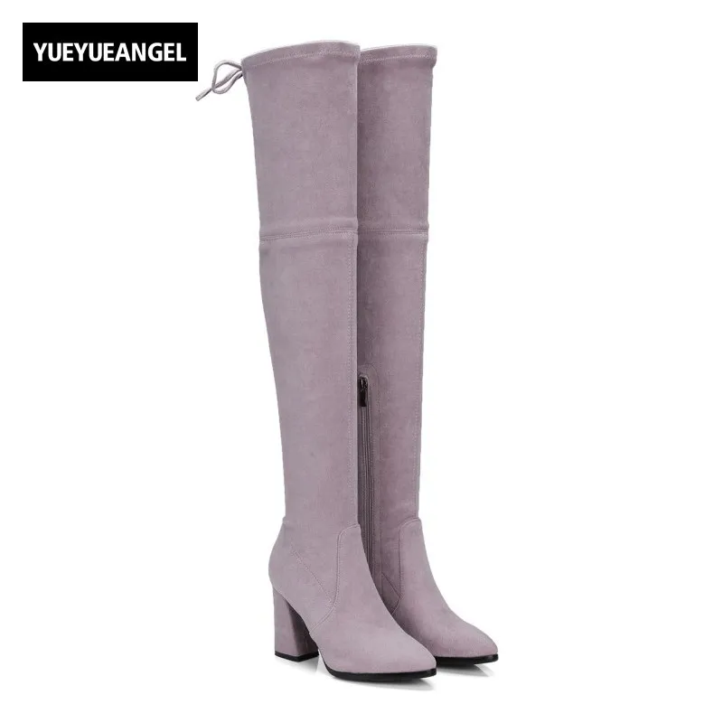 

European Winter High Quality Genuine Suede Leather Womens Thigh High Boots Sexy Slim High Heel Shoes Stretchy Elegant Lady Botas