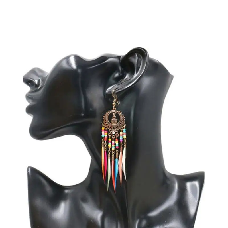 Vintage Ethnic Rainbow Beads Feather Dangle Drop Earrings for Women Female Boho Jewelry Accessories Long Earrings