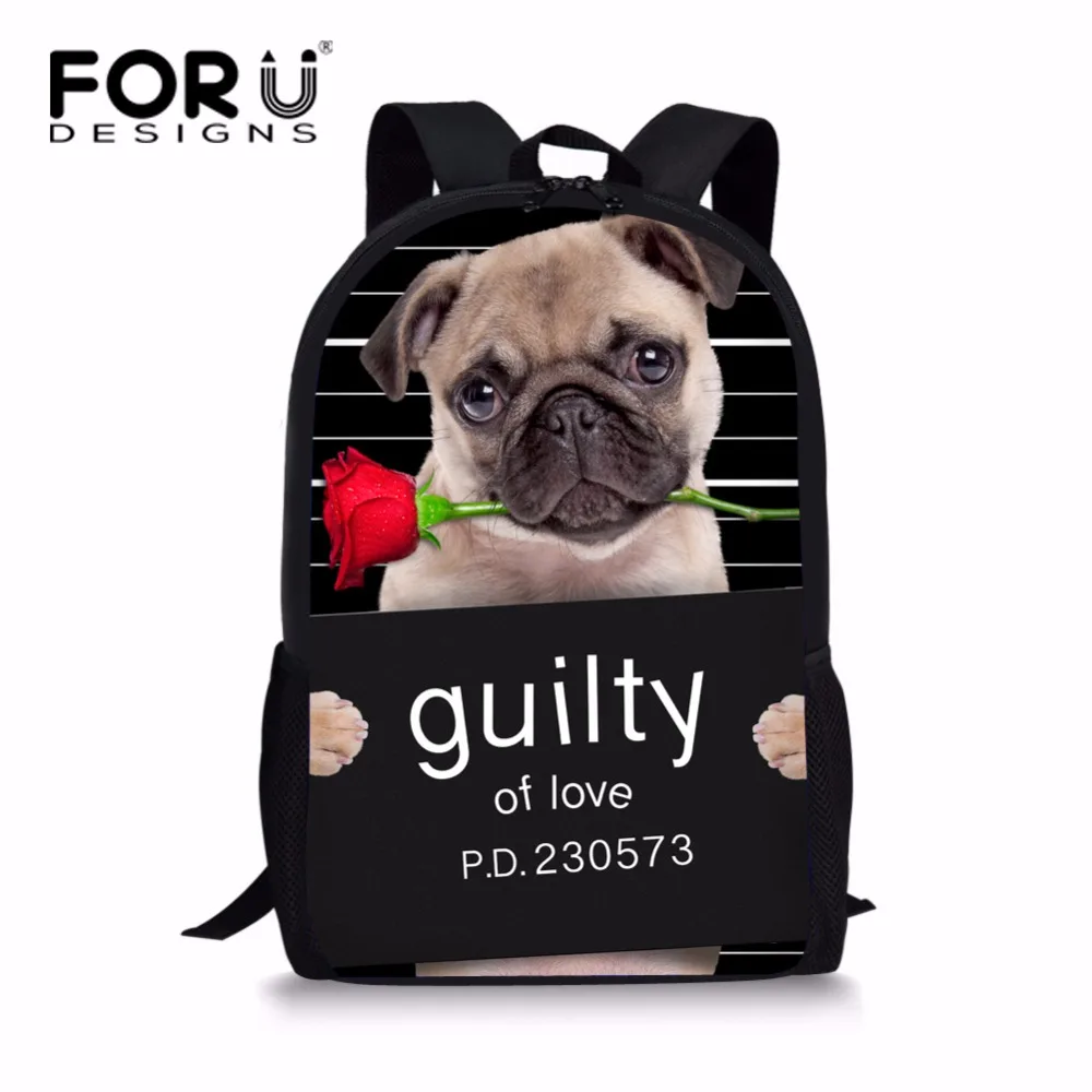 FORUDESIGNS Black Puppy Pug Dog Backpack for Teenager Boys Girls Cute