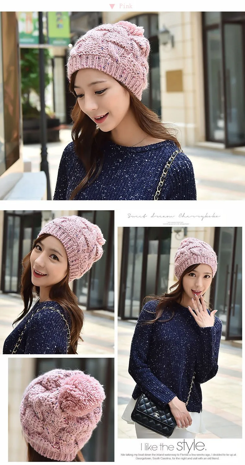 2015 New Autumn and Winter Thick Warm Solid Knit Women Hat Female Cap with lint (9)