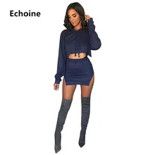 Women 2 Pieces Set Long Sleeve Crop Top And Mini Skirt Sexy Crop Hoodies Split Mini Skirt Autumn Two Set for Female Club Outfit marled knit crop top with split skirt