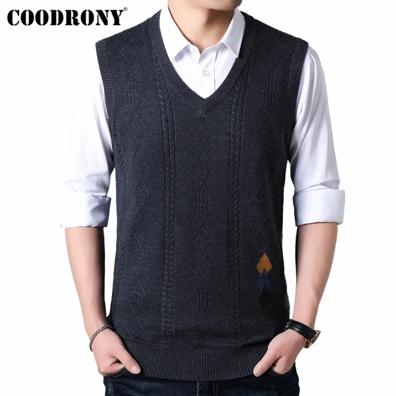 

COODRONY Sweater Men V-Neck Sleeveless Vest Pull Homme Knitted Cashmere Wool Mens Sweaters 2019 Autumn Winter pullover men 91018