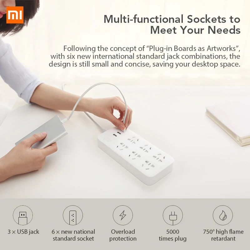 Xiaomi Mijia power Strip 1,8 m(5.9ft) 6 розеток 10A 250V 2500W 3USB порта 5V 2.1A Быстрая зарядка защита от перегрузки Высокое качество Pl